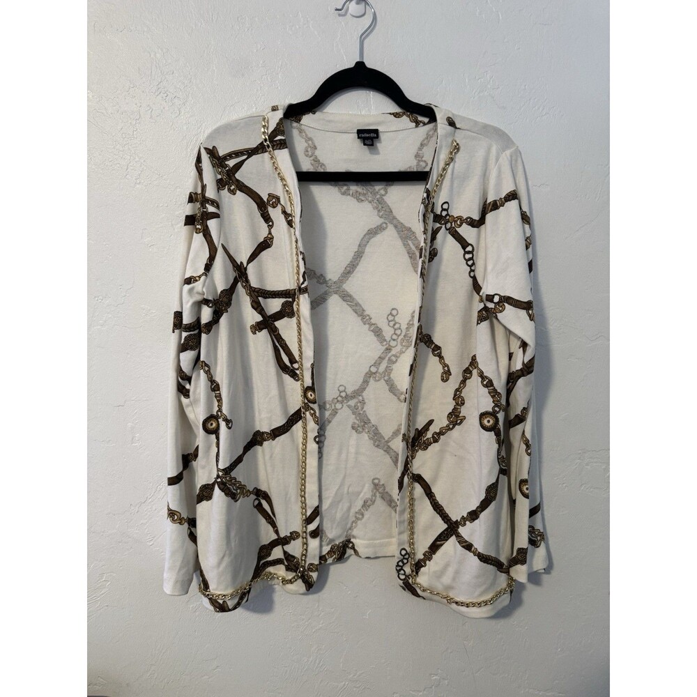 Rafaella Women’s Large Cream Chain Print Open Front Cardigan Gold Trim